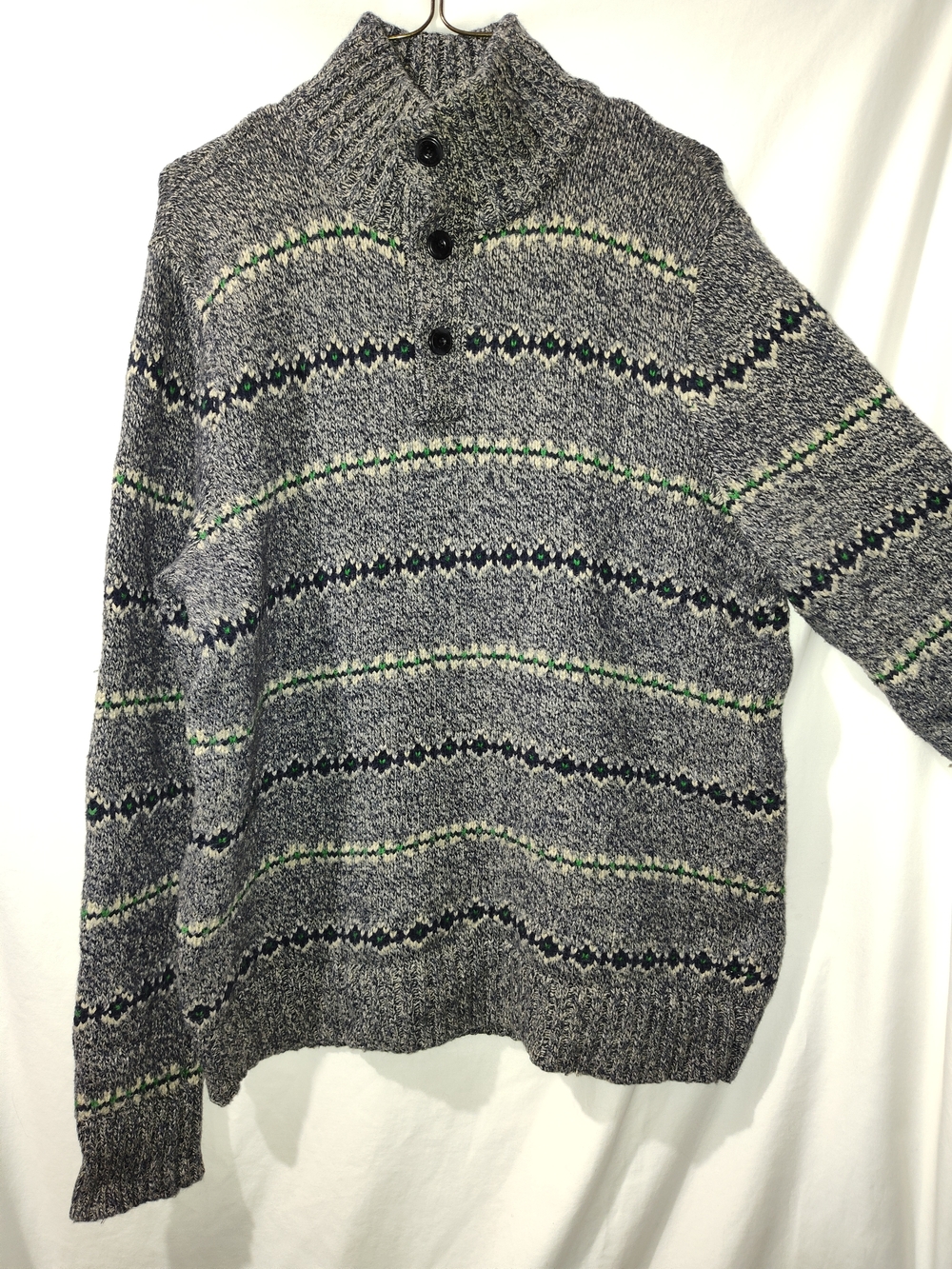 American Eagle Outfitters Gray Marled Button Up Shawl Sweater with Green Accent